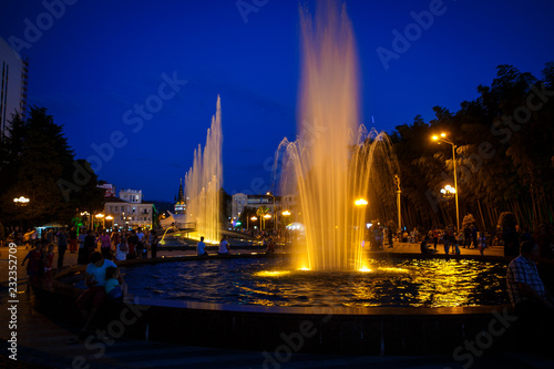 Singing and dancing fountains on the embankment of Batumi are a tourist attraction. Luminous water jets in the evening light on the square