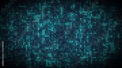 Bright glowing computer symbols appear on stream grid in futuristic big data information technology concept. Dark cyberspace internet or cryptocurrency blockchain network background.4K 3D illustration