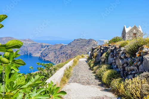 Landscape on the popular Fira to Oia hiking route, Santorini Island, Greece 