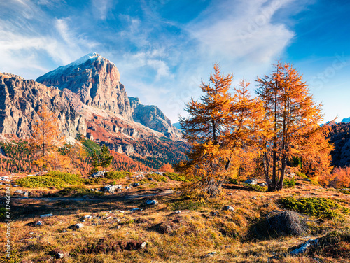 Incredible view from top of Falzarego pass with Lagazuoi mountain range. Colorful autumn morning in Dolomite Alps, Cortina d'Ampezzo lacattion, Italy, Europe. Beauty of nature concept background.