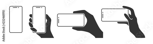 Hands holding a phone in horizontal and vertical positions. Blank screen smartphone for message or photo in various positions.