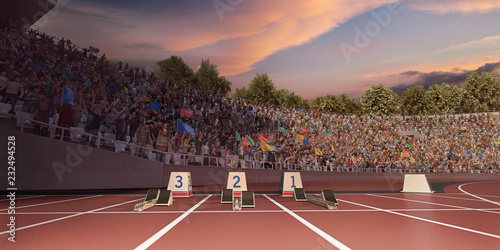 Running track. 3D illustration. Professional athletics stadium. Starting line with starting block 