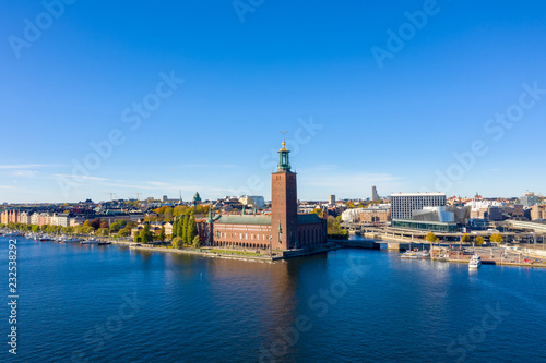 Drone photo over Stockholm City Hall
