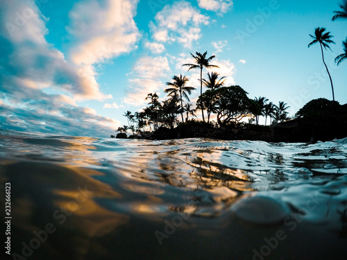 Clear Aqua Blue Water with Reflection of Colorful Morning Sunrise Sky off Glassy Ocean Ripples with Silhouette of Palm Trees in Tropical Island Paradise Nature Scene on Maui Hawaii