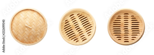 Set with bamboo steamer on white background, top view