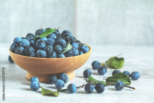 Autumn harvest blue sloe berries on a light wooden table background.