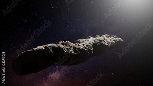 Oumuamua comet, interstellar object passing through the Solar System, unusual shaped asteroid (3d space render)