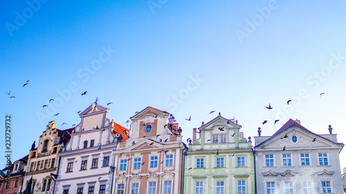A flock of birds passes by the tops of ornate, colorful art nouveau style buildings in the town square of Prague in the Czech Republic (Czechia) under blue skies and pale winter sunlight