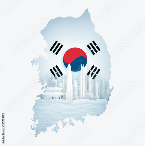 South Korea flag with map and famous landmarks in paper cut style vector illustration.