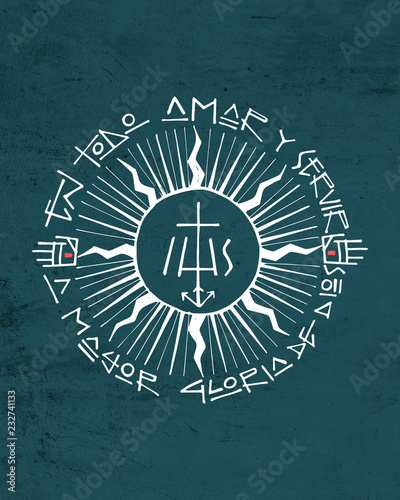 Hand drawn illustration or drawing of a religious christian jesuit symbol and phrase in spanish that means: In all Love and Serve for the greater Glory of God