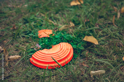 broken orange flying plate lying on the grass