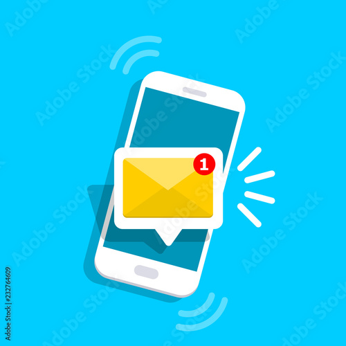 Message icon 3d. Reminder on screen smartphone. New email notification. Sms message concept in flat style. Isolated vector illustration.