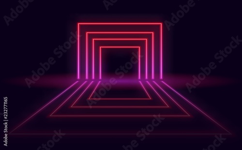 Neon abstract futuristic background. Neon portal with reflection in the dark room.