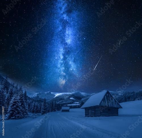 Milky way over snowy road at night, Tatra Mountains