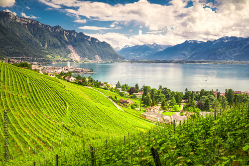 Montreux city with Swiss Alps, lake Geneva and vineyard on Lavaux region, Canton Vaud, Switzerland, Europe.