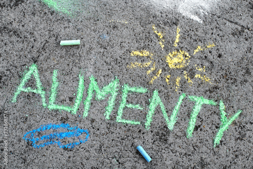 Colorful chalk drawing on asphalt: Polish word ALIMONY and yellow sun