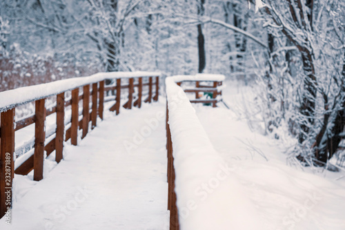 Wooden bridge in a winter snowy day, perspective view, without people