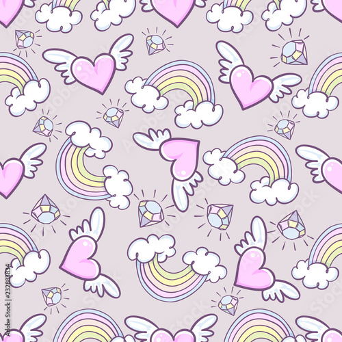 Seamless pattern with donuts, rainbow, heart with wings, precious diamond, Can be used for background images, web pages, surface textures