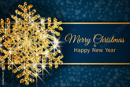 Merry Christmas greeting card. Gold snowflake on Dark blue background. Merry Christmas and Happy New Year text.