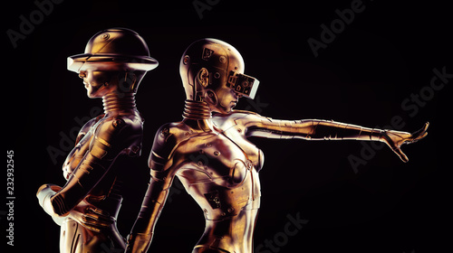 Two fashion robots on black background.