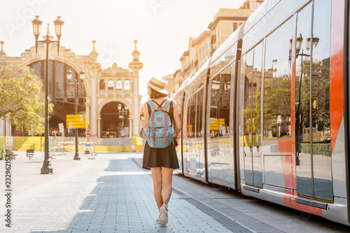 Woman passenger at the Tram Public transport in Saragossa