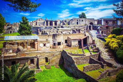 Panoramic view of ancient city of Pompeii with houses and streets. Pompei is ancient Roman city died from eruption of Mount Vesuvius in 1st century, Naples, Italy.