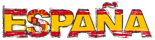 Word ESPANA (Spanish translation of SPAIN) with national flag under it, distressed grunge look.