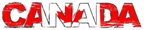 Word CANADA with Canadian national flag under it, distressed grunge look.