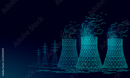 Nuclear power station cooling tower low poly. 3d render ecology pollution save planet environment concept triangle polygonal. Radioactive nuclear reactor electricity vector illustration