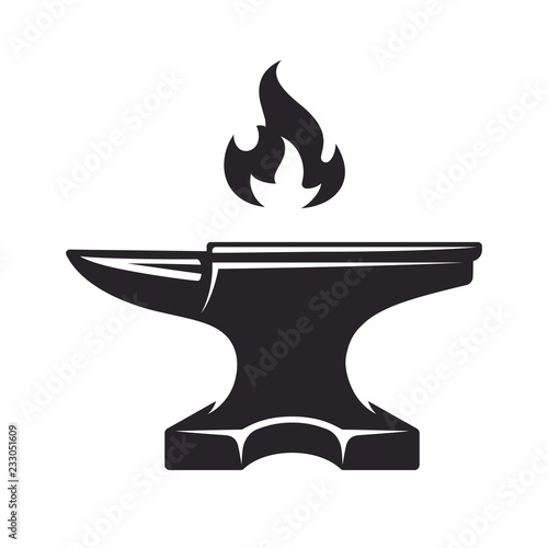 Vintage anvil and fire, monochrome icon, blacksmith tools. Vector illustration, isolated on white background. Simple shape for design logo, emblem, symbol, sign, badge, label, stamp.