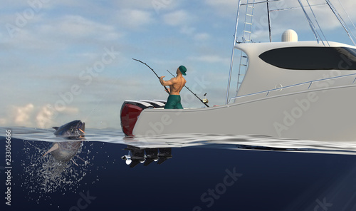 Sport fisherman catching big tuna from sport fishing boat half water view 3d render