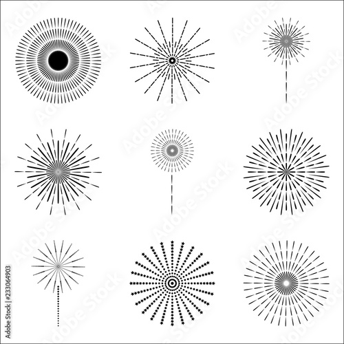 Black silhouette of fireworks Vector illustration Set of isolated festive fireworks of different shapes on a white background