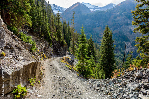 Mountain Road - An autumn day on a scenic but treacherous 4X4 trail - Black Bear Pass route, located between top of Red Mountain Pass on U.S. Highway 550 and Telluride, in San Juan Mountains, CO, USA.