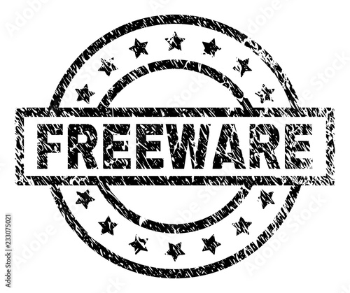 FREEWARE stamp seal watermark with distress style. Designed with rectangle, circles and stars. Black vector rubber print of FREEWARE text with scratched texture.