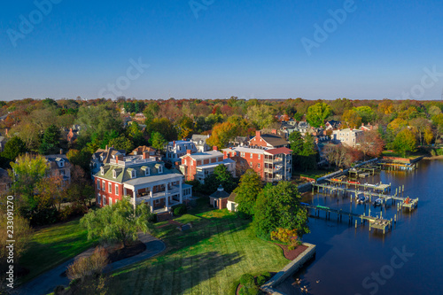 Aerial view of historic chestertown near annapolis situated on the chesapeake bay during an early november afternoon