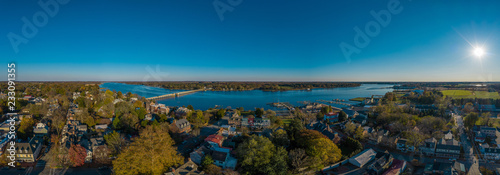 Aerial panorama view of historic colonial chestertown near annapolis situated on the chesapeake bay during an early november afternoon