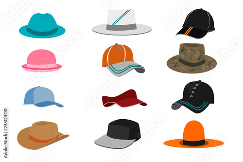 Hats of set. Col lection of various types of hats on white background