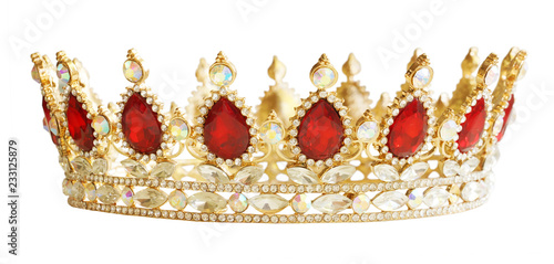 Golden crown with red and white diamonds. Gold tiara for princess. Expensive jewelry. Decoration for king or queen, magic crown isolated on white background, close up