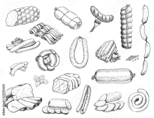 Vector set of different meat products in sketch style. Sausages, ham, bacon, lard, salami