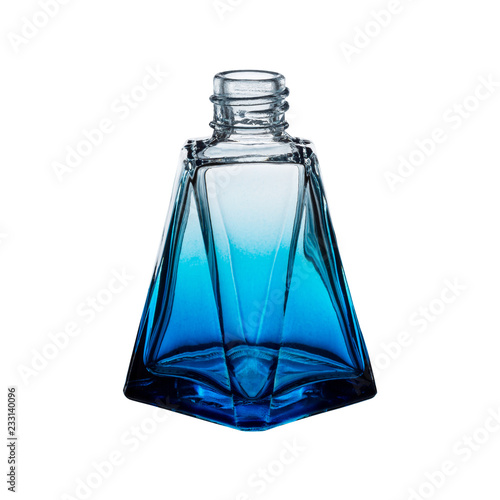 empty glass blue bottle for perfumery, on white background, isolate