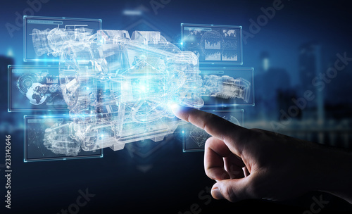 Businessman using wireframe holographic 3D digital projection of an engine