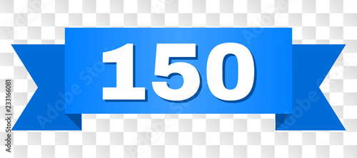 150 text on a ribbon. Designed with white caption and blue stripe. Vector banner with 150 tag on a transparent background.