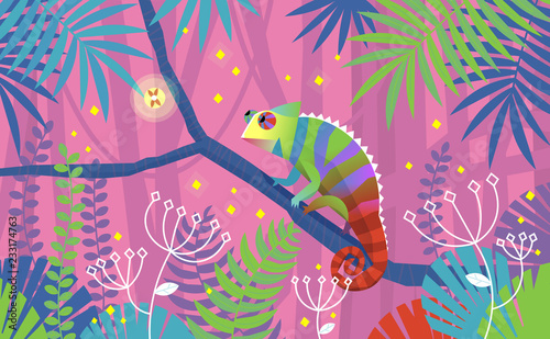 Colorful pink illustration with chameleon lizard sitting on a branch in tropical jungle. Surrounded by imaginary plants