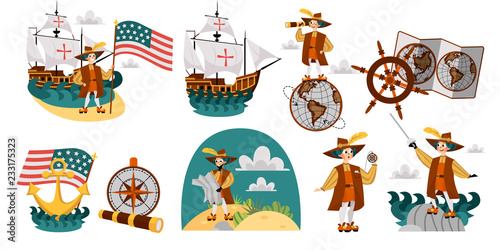 Columbus Day set with ship map helm compass symbols