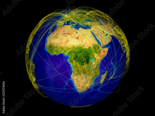 Africa from space on Earth with lines representing international communication, travel, connections.