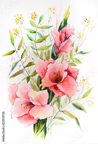 Original watercolor - a bouquet of pink gladiolus with different branches of leaves