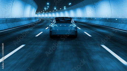 Modern Electric car rides through tunnel with cold blue light style 3d rendering