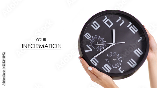 Wall black clock in hand pattern on white background isolation