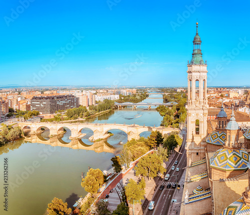 Aerial view on the Zaragoza city from the tower of Our Lady Pilar basilica and Ebro river in Spain