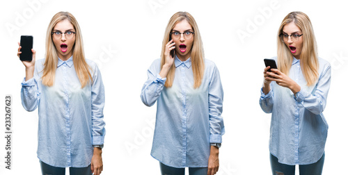 Collage of young beautiful blonde business woman using smartphone over isolated background scared in shock with a surprise face, afraid and excited with fear expression